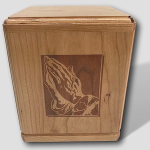 Engraved Praying Hands Wooden Cube Cherry Handmade Burial Cremation Funeral Urn