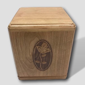 Engraved Rose Cube Wooden Cherry Handmade Burial Cremation Funeral Urn