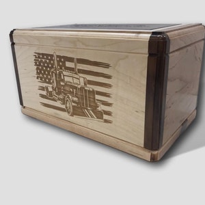 Engraved Semi Tractor with American Flag Urn Maple Box Walnut Wooden Urn Handmade Burial Box for Human Ashes Cremation Funeral Urn for Ashes