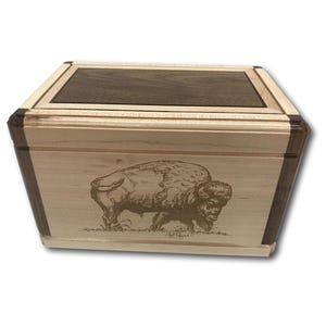Engraved Bison (Buffalo) Maple Walnut Wooden Hardwood Urn Box Handmade Wooden Urn Burial Cremation Urn for Human Ashes Funeral Custom Urn