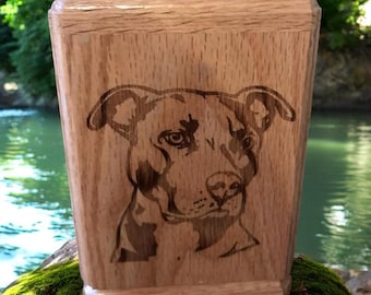 Engraved Pitbull Cremation Urn: Handmade Red Oak Dog Memorial Box