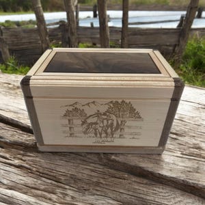 Engraved Riderless Horse Wooden Memorial Box for Human Ashes Maple Walnut Handmade Burial Cremation Urn for a Funeral Customizable Urn