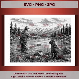 Illustration SVG de pêche à la mouche avec un labrador, scène de pêche avec un labrador retriever, téléchargement numérique, fichier de gravure laser pour Glowforge, Cricut, LightBurn