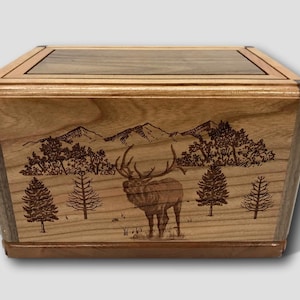 Engraved Bull Elk Wooden Cherry Handmade Burial Cremation Funeral Urn