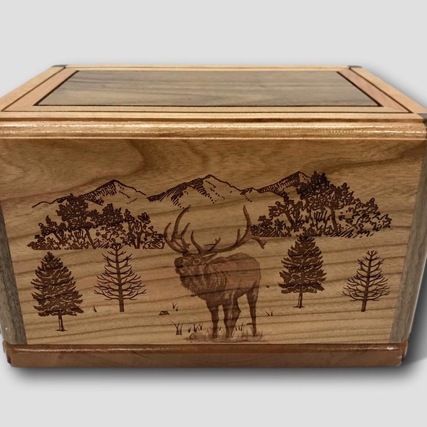 Engraved Bull Elk Wooden Cherry Handmade Burial Cremation Funeral Urn