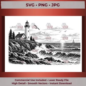 Könnte beinhalten: Eine schwarz-weiße digitale Illustration mit einem Leuchtturm auf einer felsigen Klippe über dem Ozean. Die Szene zeigt brechende Wellen, ein kleines Haus, Kiefern, ein Segelboot am Horizont und Vögel, die am Himmel fliegen.
