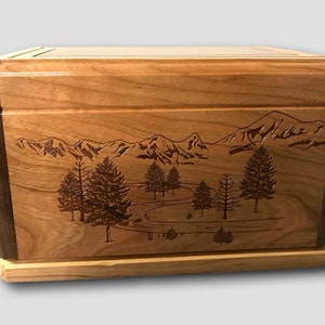 Engraved Mountain Scene Wooden Cherry Handmade Burial Cremation Funeral Urn