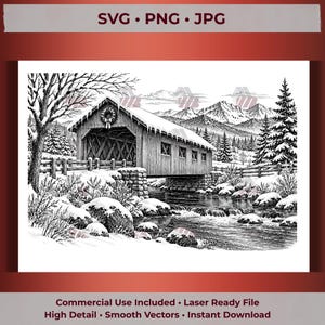Könnte beinhalten: Eine schwarz-weiße digitale Illustration einer überdachten Holzbrücke über einen fließenden Bach in einer verschneiten Winterlandschaft. Die Brücke hat einen Kranz am Giebel, ein schneebedecktes Dach und Steinfundamente, mit Bergen im Hintergrund.