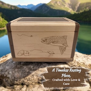 Cremation Wooden Urn Engraved Fishing Urn Wooden Trout N Fly Box Handmade Burial Cremation Funeral Urn Memorial Urn for Human Ashes