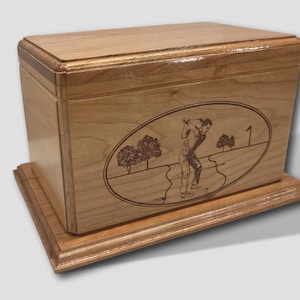 Engraved Golf Urn Cherry Burial Box Wooden Funeral Urn Handmade Urn For Ashes Human Wooden Box Cherry Cremate Platform Base