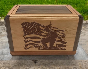 Handcrafted Wooden Cremation Urn: Veteran Memorial Box with Flag