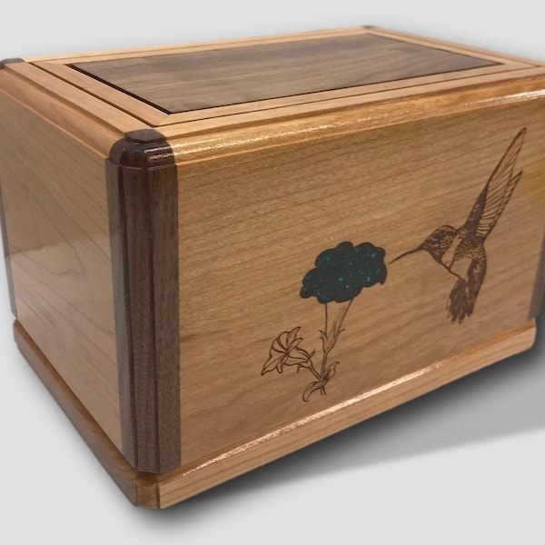 Engraved Epoxy Hummingbird Cherry Walnut Wooden Handmade Burial Cremation Funeral Urn