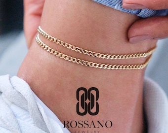 Tobillera cubana de oro de 14 quilates, tobillera de oro cubano de Miami de 2 mm, 3 mm, 4 mm, tobillera unisex con eslabones en negrita, joyería apilable, regalo para ella.