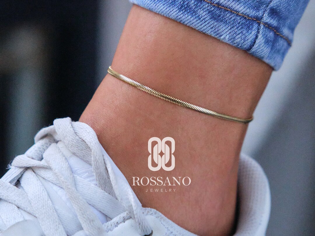 14K Gold Snake Anklet, Herringbone Chain, Italian Gold Anklet, Gold