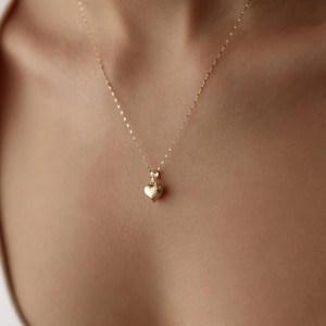 14K Gold Heart Necklace for Women, Puffed Heart Pendant Necklace, 14K Real Gold Heart Jewelry, Gold Love Necklace, Valentines Gift