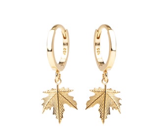 14K Gold Leaf Hoop Earrings, Gold Maple Leaf Charm Hoops, Huggie Hoop Earrings, Small Dangle Leaf Charm, Drop Earrings, Nature Inspired