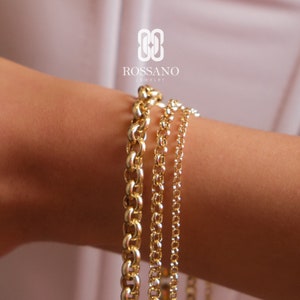 14K ゴールド ロロ チェーン ブレスレット、厚さ 3 mm 4 mm 7 mm ロロ ブレスレット、ロロ チェーン ブレスレット、ベルチャー リンク チェーン ブレスレット、ラウンド ロロ ブレスレット、ユニセックス