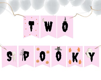 Two Spooky Birthday Banner - Pink With Graphics - Digital Download