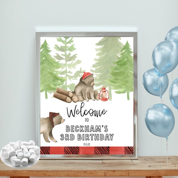 Our Little Bear Lumberjack Editable Birthday Welcome Sign - Digital Download