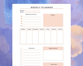 Weekly Planner, Printable Weekly planner, Printable PDF Planner, Weekly Tracker, Weekly Task Planner, Instant Download, To do List Planner