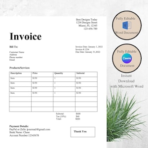 Invoice Template, Editable Canva and MS Word Invoice Template, Editable Invoice, Receipt, Instant Download, Small Business Invoice, MS word