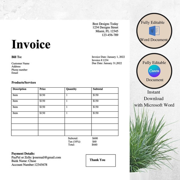 Invoice Template, Editable Canva and MS Word Invoice Template, Editable Invoice, Receipt, Instant Download, Small Business Invoice, MS word