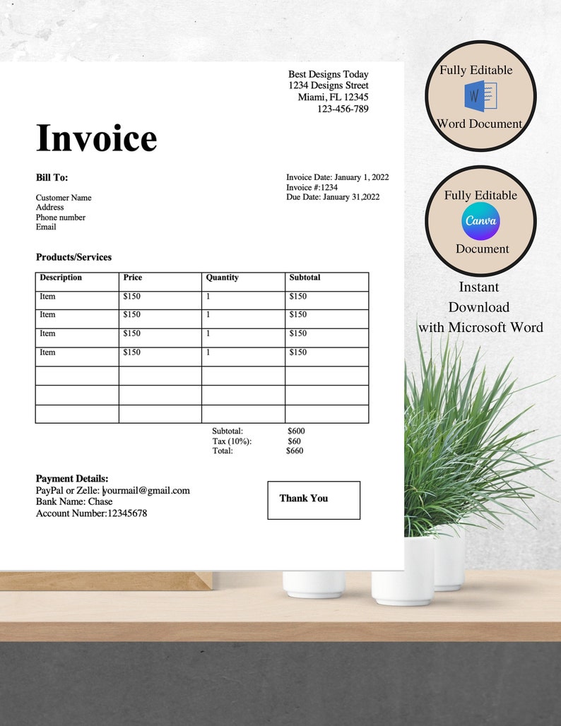 Invoice Template, Editable Canva and MS Word Invoice Template, Editable
