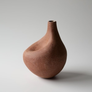 Op de afbeelding: Een handgemaakte keramische vaas in terracotta kleur met een unieke, organische vorm. De vaas heeft een smalle hals en een afgeronde, asymmetrische body met een textuur. Het ontwerp is modern en minimalistisch.