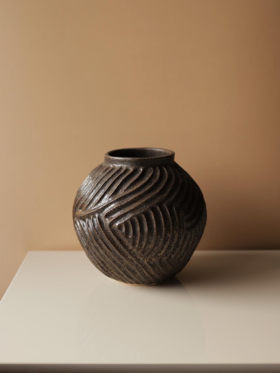 Handmade Dark Brown Textured Vase, Round Ceramic Vessel, Hand-carved Spherical Pottery