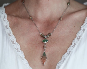 Handgemachte Kette Collier aus 925 Silber mit Achat Blutstein Serpentin Edelstein
