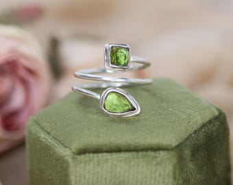 Sterling Silver Spiral Ring with Green Tourmaline | Handmade Jewelry