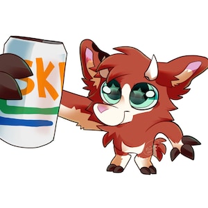 May include: A cartoon illustration of a reddish-brown furry creature with large green eyes holding a can of SKI soda. The can is white with the letters "SKI" in orange and a green and blue stripe. The creature has small white horns.