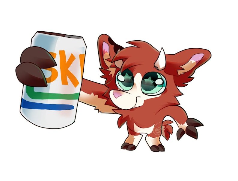 May include: A cartoon illustration of a reddish-brown furry creature with large green eyes holding a can of SKI soda. The can is white with the letters "SKI" in orange and a green and blue stripe. The creature has small white horns.