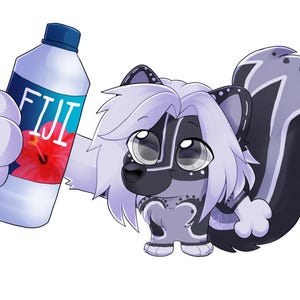 May include: Cartoon illustration of a skunk holding a bottle of Fiji water. The skunk is primarily black, white, and gray with large eyes. The water bottle is blue and white with the word "FIJI" and a red hibiscus flower.