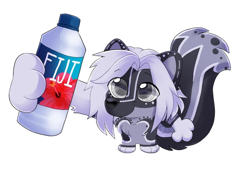 May include: Cartoon illustration of a skunk holding a bottle of Fiji water. The skunk is primarily black, white, and gray with large eyes. The water bottle is blue and white with the word "FIJI" and a red hibiscus flower.