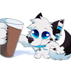 May include: Cartoon illustration of a white and black canine character with large blue eyes, holding a tall glass of a brown beverage. The character wears a blue collar with a spade symbol. The image has a clean, white background.