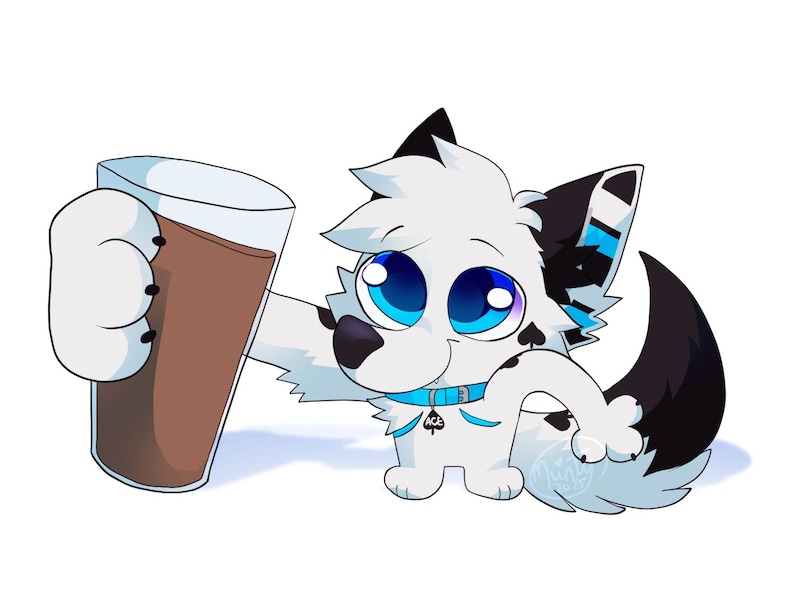 May include: Cartoon illustration of a white and black canine character with large blue eyes, holding a tall glass of a brown beverage. The character wears a blue collar with a spade symbol. The image has a clean, white background.