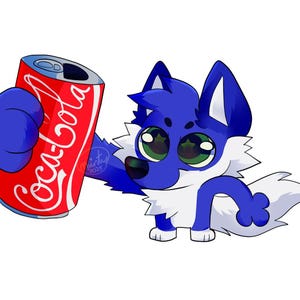 May include: A cartoon illustration of a blue and white fox holding a red Coca-Cola can. The can has the Coca-Cola logo in white script. The fox has large green eyes and is smiling.