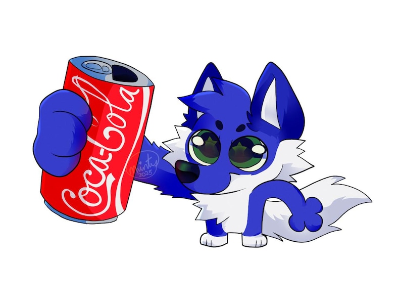 May include: A cartoon illustration of a blue and white fox holding a red Coca-Cola can. The can has the Coca-Cola logo in white script. The fox has large green eyes and is smiling.