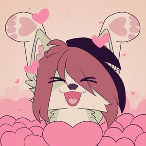 May include: A digital illustration of a light green anthropomorphic animal character with reddish-brown hair, wearing a black beret. The character has a joyful expression, raised paws, and is surrounded by numerous pink heart shapes on a peach background.