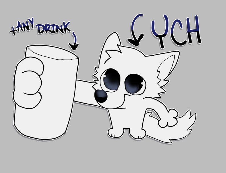 May include: A cartoon illustration of a white fox-like creature holding a large white cup. The text "+ANY DRINK" and "YCH" are above the fox. The fox has large, dark eyes and a small black nose.