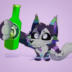 May include: Cartoon illustration of a furry character holding a green bottle of "Speed Cola". The character has a white and gray face, purple and blue accents, and a fluffy tail. The background is a solid light purple.