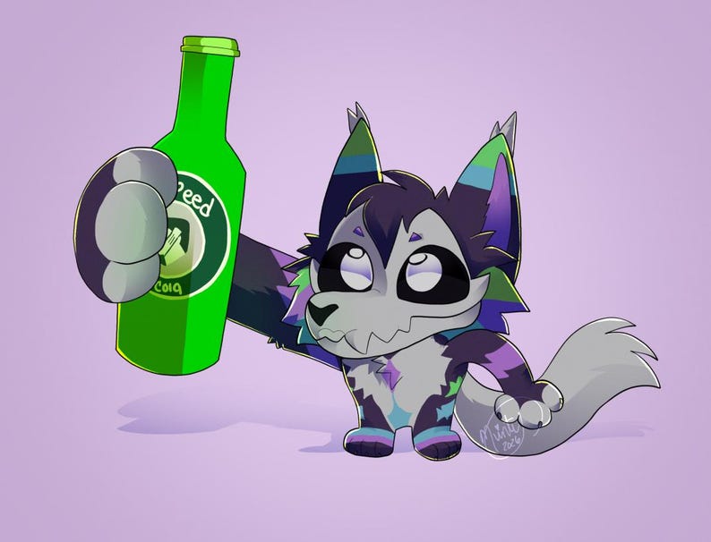 May include: Cartoon illustration of a furry character holding a green bottle of "Speed Cola". The character has a white and gray face, purple and blue accents, and a fluffy tail. The background is a solid light purple.