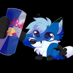 May include: A cartoon illustration of a blue fox holding a Red Bull energy drink can. The fox has large, expressive eyes and a friendly smile. The can is blue, silver, and red, with the Red Bull logo prominently displayed.