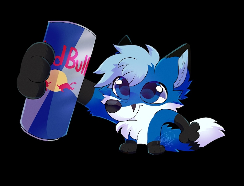 May include: A cartoon illustration of a blue fox holding a Red Bull energy drink can. The fox has large, expressive eyes and a friendly smile. The can is blue, silver, and red, with the Red Bull logo prominently displayed.