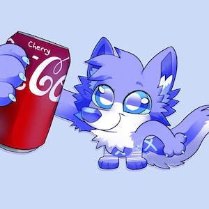 May include: A cartoon illustration of a blue wolf-like character holding a red Cherry Coca-Cola can. The character has large blue eyes and white accents. The background is a light blue.