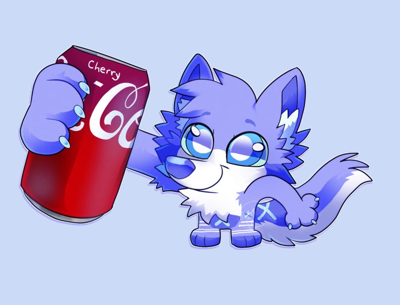 May include: A cartoon illustration of a blue wolf-like character holding a red Cherry Coca-Cola can. The character has large blue eyes and white accents. The background is a light blue.