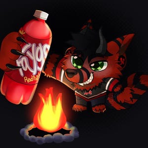May include: Digital illustration of a red and black furry character with green eyes, holding a bottle of Faygo RedPop soda. A small campfire burns in front of the character, set against a dark background.
