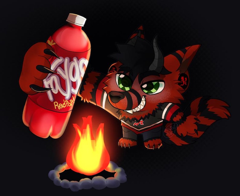 May include: Digital illustration of a red and black furry character with green eyes, holding a bottle of Faygo RedPop soda. A small campfire burns in front of the character, set against a dark background.