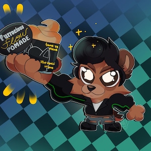 May include: Cartoon illustration of a bear character holding a pomade container. The pomade container has the text "Furrocious Flow Pomade" and "tame ya mane". The bear is wearing a black jacket and has a pompadour hairstyle.